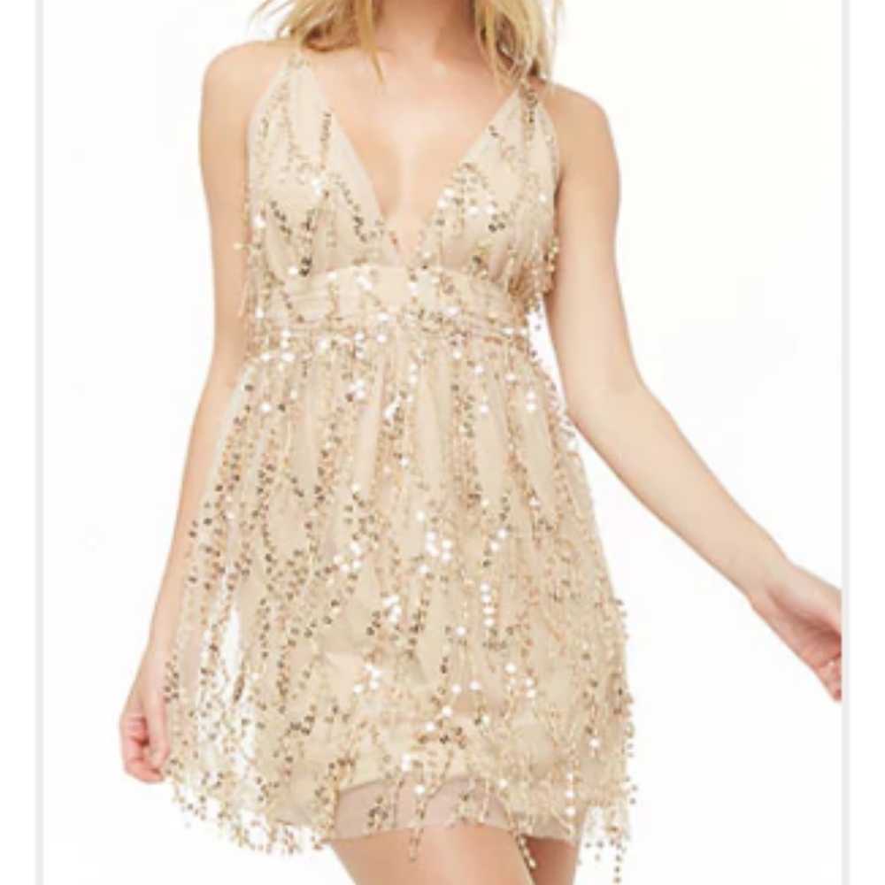 NWOT Gold Sequin Fringe Mini Dress S